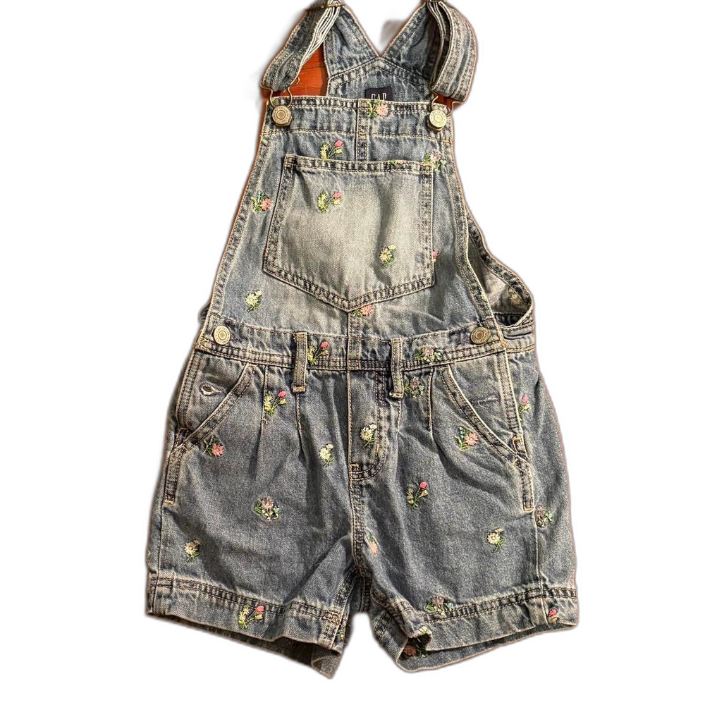 Gap Girls Blue Denim Overall Shorts with Floral Embroidered Details Size 6